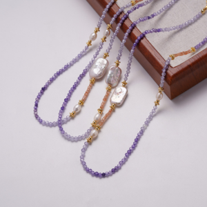 Morning Glory Amethyst Natural Pearl Necklace, mixed with natural fresh-water pearl.