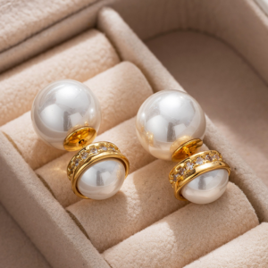 Elegant Pearl and Gold Hoop Earrings, with large Pearl Earrings. The earrings are set with a half faux pearl on the front, a ring of zirconia set around the perimeter metal surround, and a whole large faux pearl for the earbuds. The luster of the pearl can be seen on both the front and back when worn.