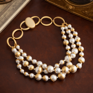 Vintage court style artificial pearl necklace, three chains with matt brushed copper finishing, necklaces are attached with a magne