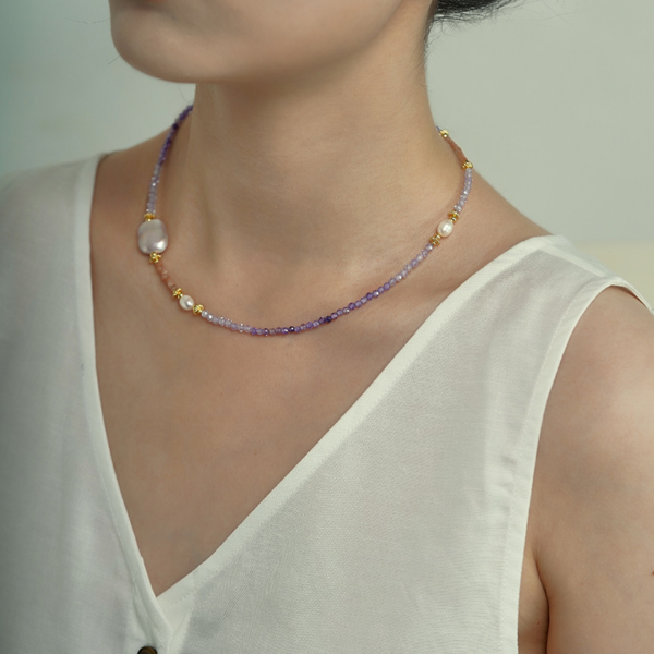 Morning Glory Amethyst Natural Pearl Necklace, mixed with natural fresh-water pearl.