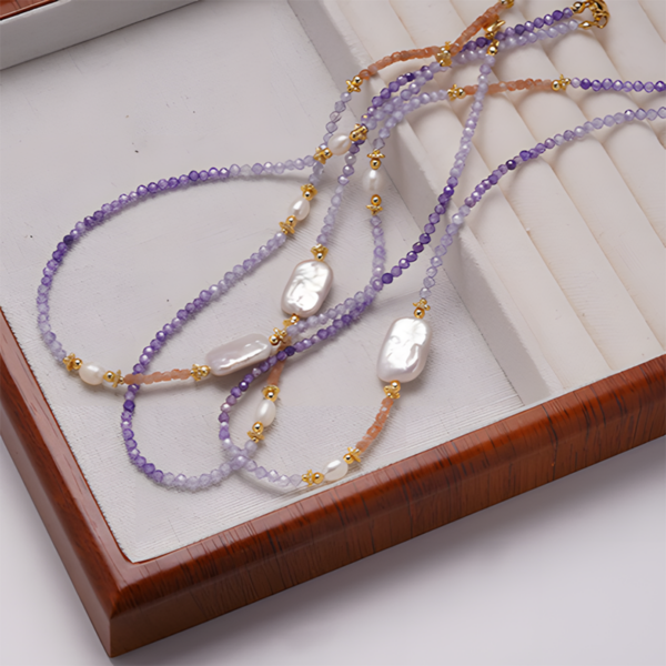 Morning Glory Amethyst Natural Pearl Necklace, mixed with natural fresh-water pearl.