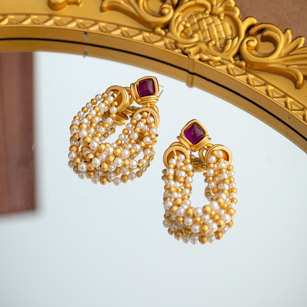 Pearl Vintage Tassel Earrings, with artificial and golden color small ball, the earrings are made of faux gold and pearl colored beads strung together with burgundy color for a vintage style