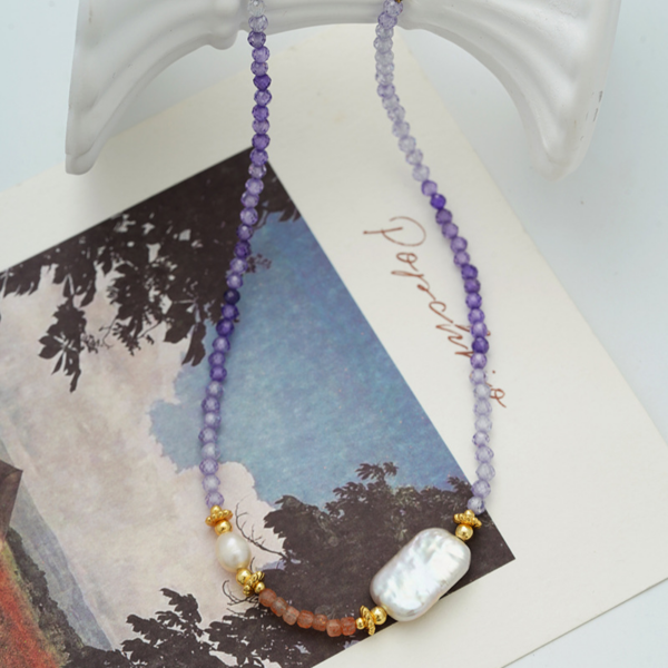 Morning Glory Amethyst Natural Pearl Necklace, mixed with natural fresh-water pearl.