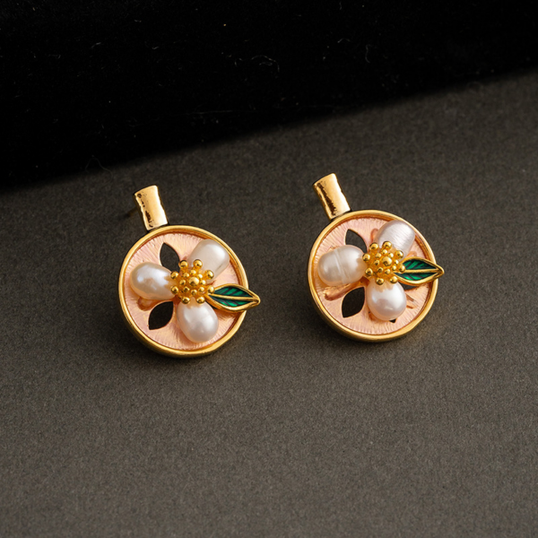 Natural Freshwater Pearls Oil Painting Earrings - Monet's Garden flower, the flower consists of 3 natural freshwater pearls with an alloy stamen in the center.