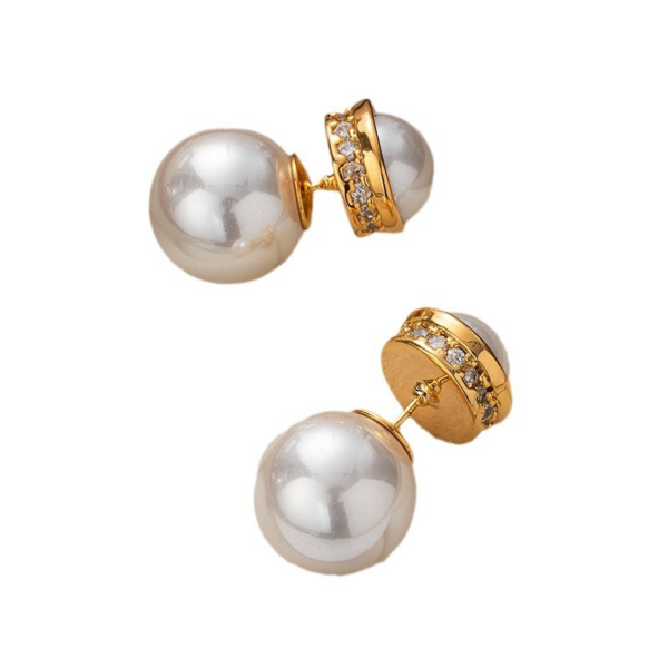 Elegant Pearl and Gold Hoop Earrings, with large Pearl Earrings. The earrings are set with a half faux pearl on the front, a ring of zirconia set around the perimeter metal surround, and a whole large faux pearl for the earbuds. The luster of the pearl can be seen on both the front and back when worn.