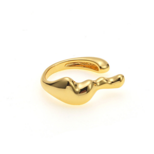 Elegant Streamline Split Ring - Golden Color, the shape like steam. This ring features a sleek, modern design characterized by its unique wavy shape. Crafted in a shiny gold finish, it showcases a combination of smooth and sculptural elements, giving it a contemporary feel. The open band allows for an adjustable fit, making it both stylish and comfortable for everyday wear. This eye-catching piece is perfect for adding a touch of elegance and artistic flair to any outfit.