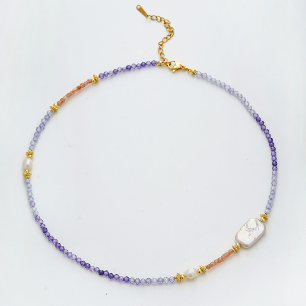 Morning Glory Amethyst Natural Pearl Necklace, mixed with natural fresh-water pearl.