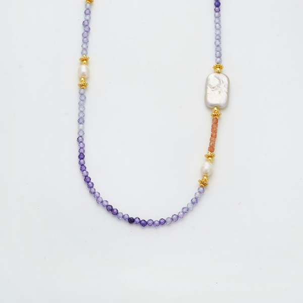 Morning Glory Amethyst Natural Pearl Necklace, mixed with natural fresh-water pearl.