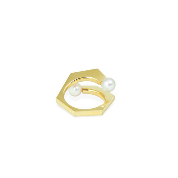 Pearl irregular geometric opening ring, Adjustable size, open-ended ring with a hexagonal silhouette on the outside and faux pearls on the ends.