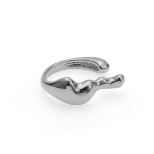 Elegant Streamline Split Ring - Silver Color, the shape like steam. This ring features a sleek, modern design characterized by its unique wavy shape. Crafted in a shiny gold finish, it showcases a combination of smooth and sculptural elements, giving it a contemporary feel. The open band allows for an adjustable fit, making it both stylish and comfortable for everyday wear. This eye-catching piece is perfect for adding a touch of elegance and artistic flair to any outfit.