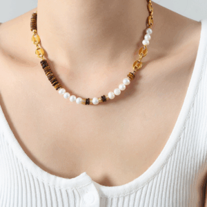 Freshwater Pearl Tiger Eye Stone Titanium Steel Necklace | Titanium Steel Plating | Daily Outfitting | Daily Waterproof | Length:40+17cm, weight:30g