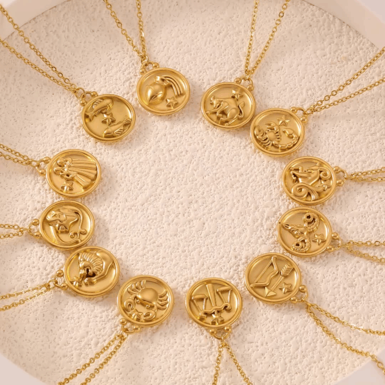 Embossed Zodiac Round Pendant Titanium Steel Necklace | Titanium Steel 18K Gold Plating | Daily Outfitting | Daily Waterproof | Length:40+5cm, Weight: 6g