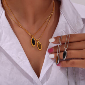 Vintage Apical-elliptic Shape Design Titanium Necklace | Stainless Steel Golden Plating | Daily Outfitting | Daily Waterproof | Length: 38+7cm weight:6g