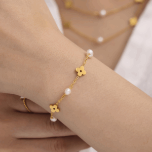 Fresh Water Pearl Flower Chain Necklace & Bracelet | Titanium Steel 18K Gold Plating | Daily Outfitting | Daily Waterproof