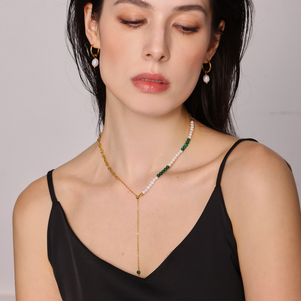 Turquoise Fresh Water Pearl Tassel Necklace | Titanium Steel 18K Gold Plating | Daily Outfitting | Daily Waterproof | Length: 49cm, weight: 8.4g