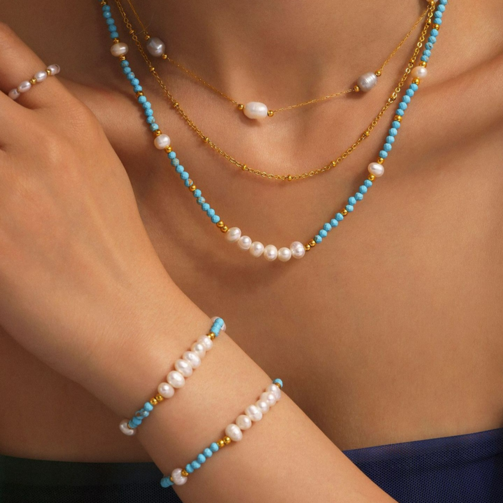 Blue Turquoise Hand-Beaded Natural Freshwater Pearl Necklace & Bracelet | Titanium Steel 18K Gold Plating | Daily Outfitting | Daily Waterproof