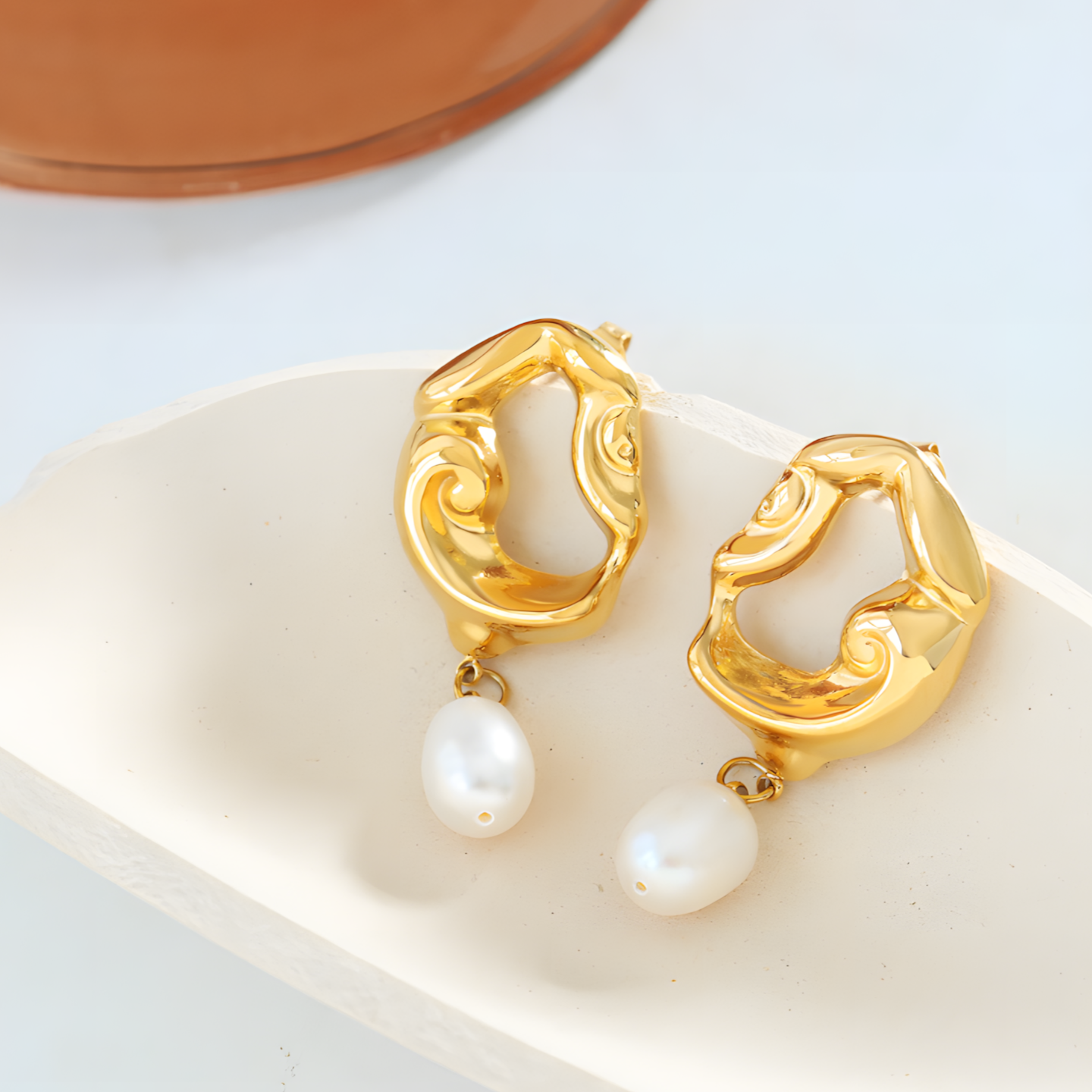 Hollow Lava Irregular Freshwater Pearl Pendant Exaggerated Earrings | Titanium Steel 18K Gold Plating | Daily Outfitting | Daily Waterproof | Size:1.8*3.9cm, weight: 14g