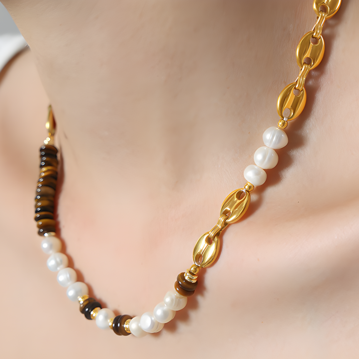 Freshwater Pearl Tiger Eye Stone Titanium Steel Necklace | Titanium Steel Plating | Daily Outfitting | Daily Waterproof | Length:40+17cm, weight:30g