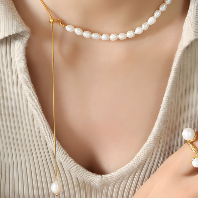 Light Luxury Freshwater Pearl Adjustable Snake Bone Necklace | Freshwater Natural Pearl | Titanium Steel 18K Gold Plating | Minimalism | Daily Outfitting | Daily Waterproof | Length: 46+5cm, Weight:7.9g