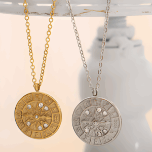 Inlaid zircon Relief Zodiac Dial Hour Hand Circular Pendant Necklace | Titanium Steel Plating | Daily Outfitting | Daily Waterproof | Length: 40+5cm, weight: 4.5g