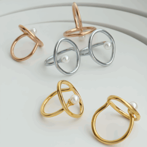 Geometric Titanium Steel Artificial Pearl Ring | Titanium Steel Plating | Daily Outfitting | Daily Waterproof | Weight: 3g