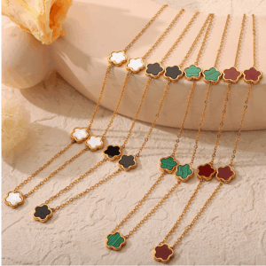 Single Sided Inlaid Flower Shaped Titanium Steel Necklace, Earrings & Bracelet | Titanium Steel 18K Gold Plating | Daily Outfitting | Daily Waterproof | Length: 18+5cm, Weight:6.5g