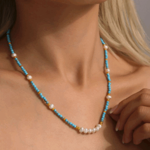 Blue Turquoise Hand-Beaded Natural Freshwater Pearl Necklace | Titanium Steel 18K Gold Plating | Daily Outfitting | Daily Waterproof | Length: 40+5cm, weight: 8.5g