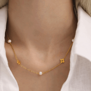 Fresh Water Pearl Flower Chain Necklace | Titanium Steel 18K Gold Plating | Daily Outfitting | Daily Waterproof | Length: 40+5cm, weight: 4g