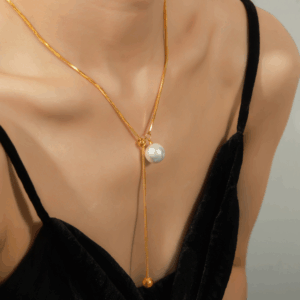 Classic Adjustable Imitation Pearl Pendant Snake Bone Chain Necklace | Titanium Steel 18K Gold Plating | Daily Outfitting | Daily Waterproof | Length: 69+5cm, weight: 14g