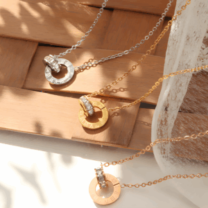 Personalized Roman Numeral With Diamond Double Ring Buckle Necklace 3 colors | Titanium Steel 18K Gold Plating | Daily Outfitting | Daily Waterproof | Minimalism | Length:40+5cm, Weight: 3g